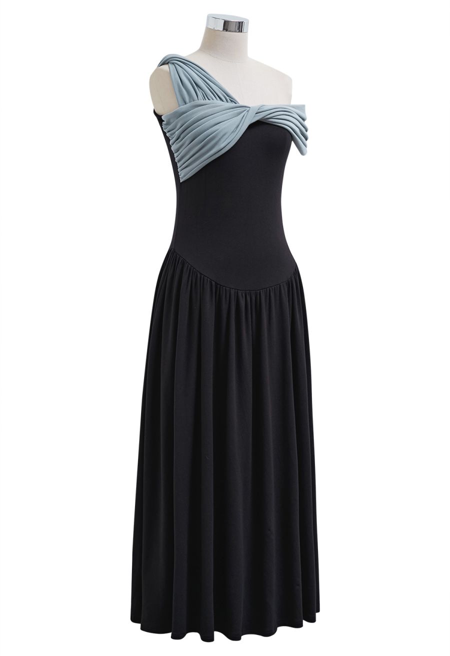 Contrast Color Twist Neckline Drop-Waist Dress