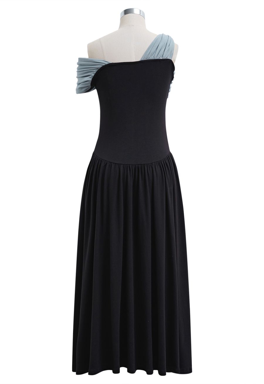 Contrast Color Twist Neckline Drop-Waist Dress