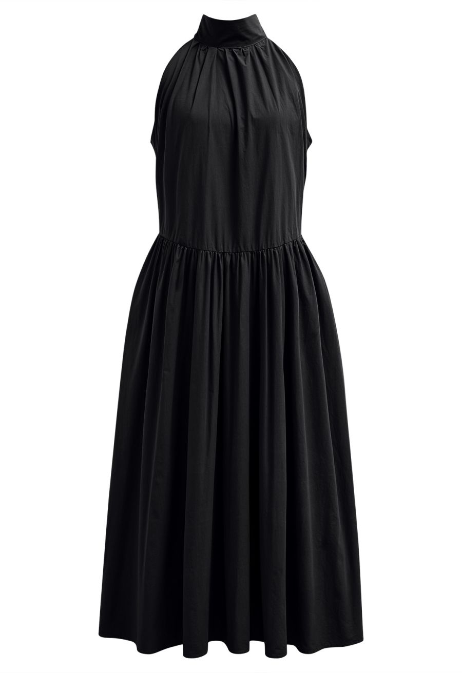 Bowknot Halter Neck Side Pocket Dress in Black