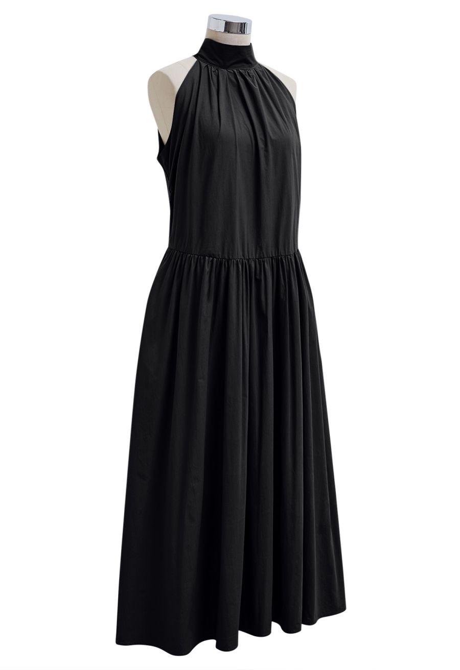 Bowknot Halter Neck Side Pocket Dress in Black
