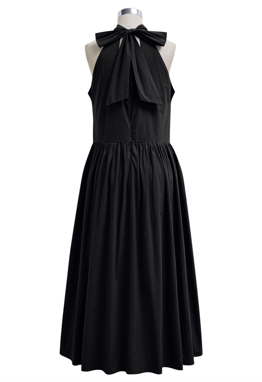 Bowknot Halter Neck Side Pocket Dress in Black