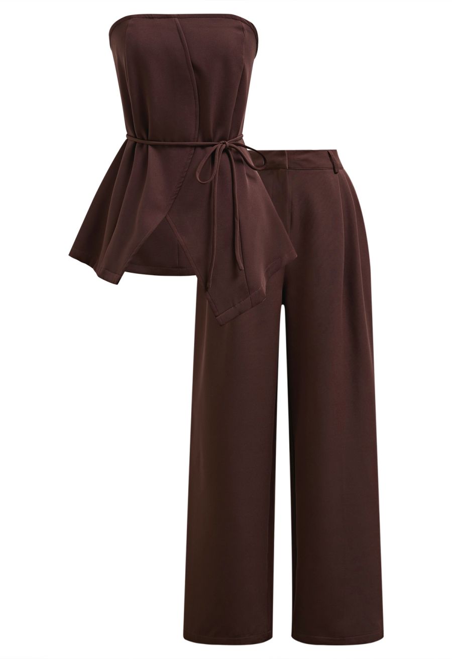 Strapless Seamed Front Asymmetric Top and Pants Set