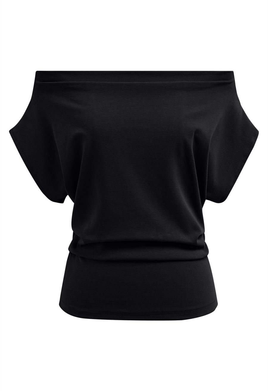 Off-Shoulder Batwing Sleeve Pleated Top in Black