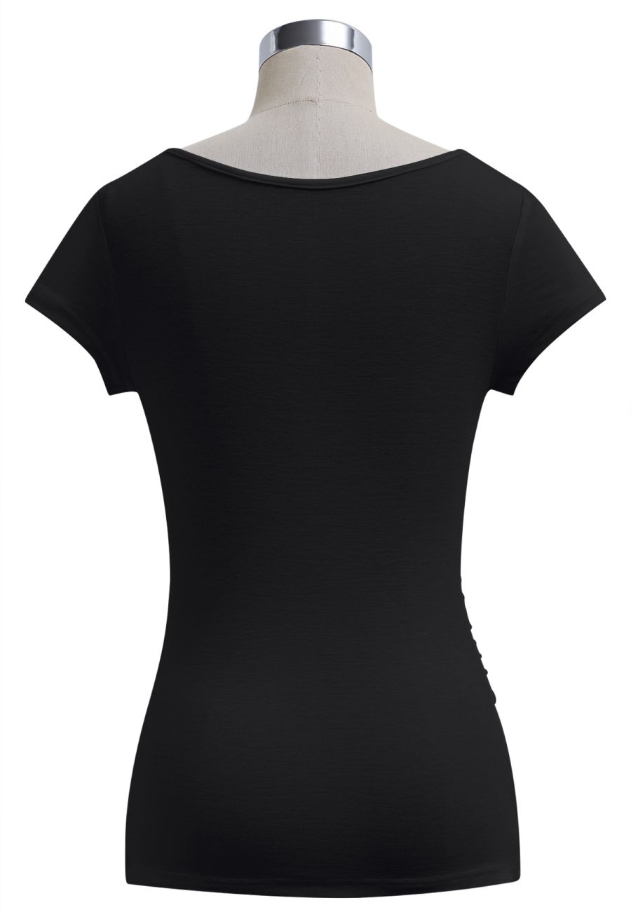 Free-Style Neckline Short Sleeve Ruched Top in Black