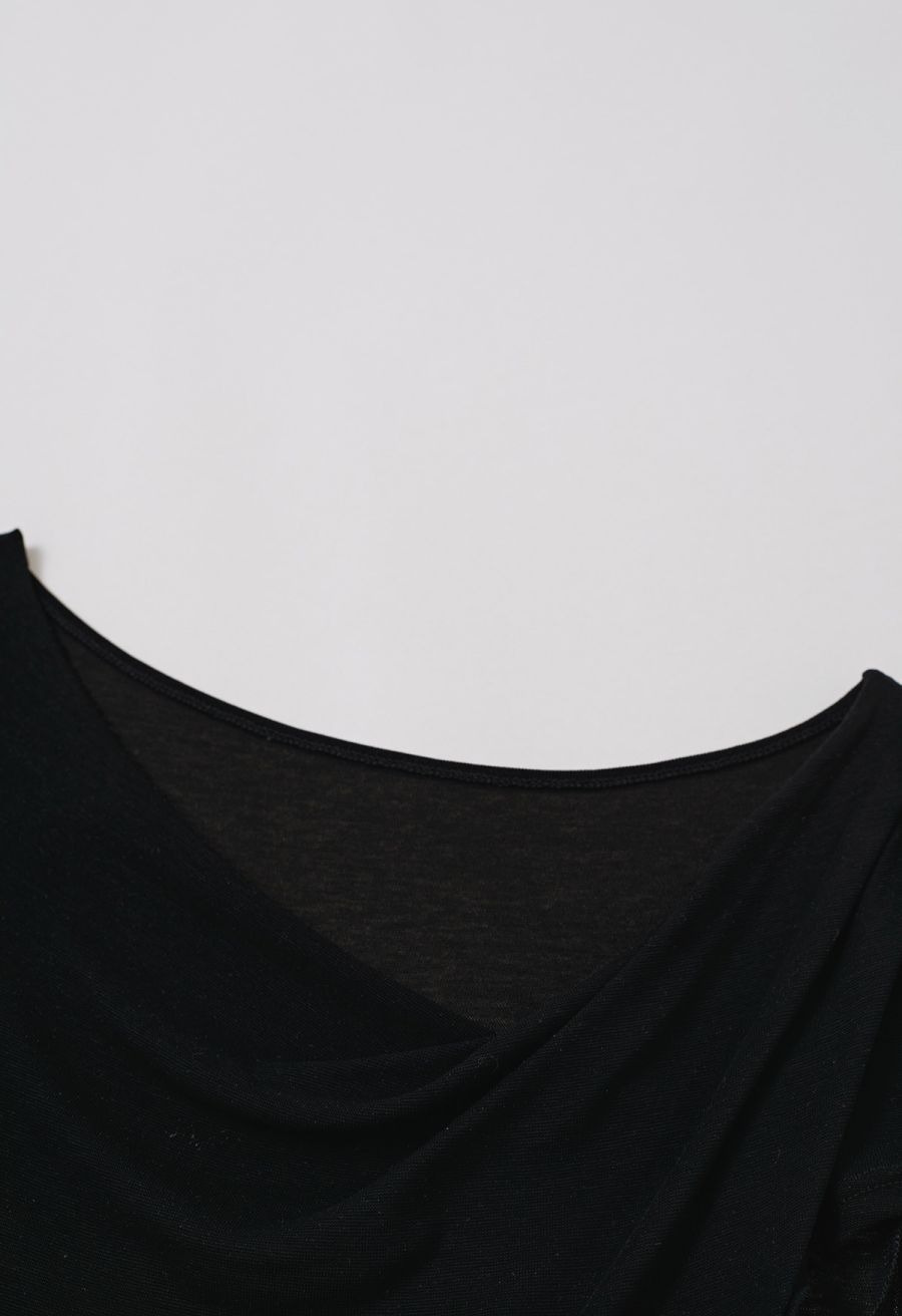 Free-Style Neckline Short Sleeve Ruched Top in Black