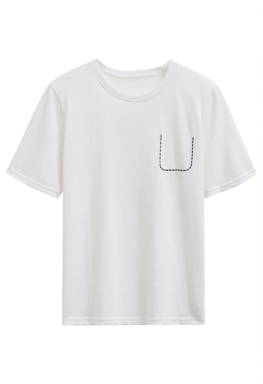 Fake Embroidered Pocket Crew Neck T-Shirt in Ivory