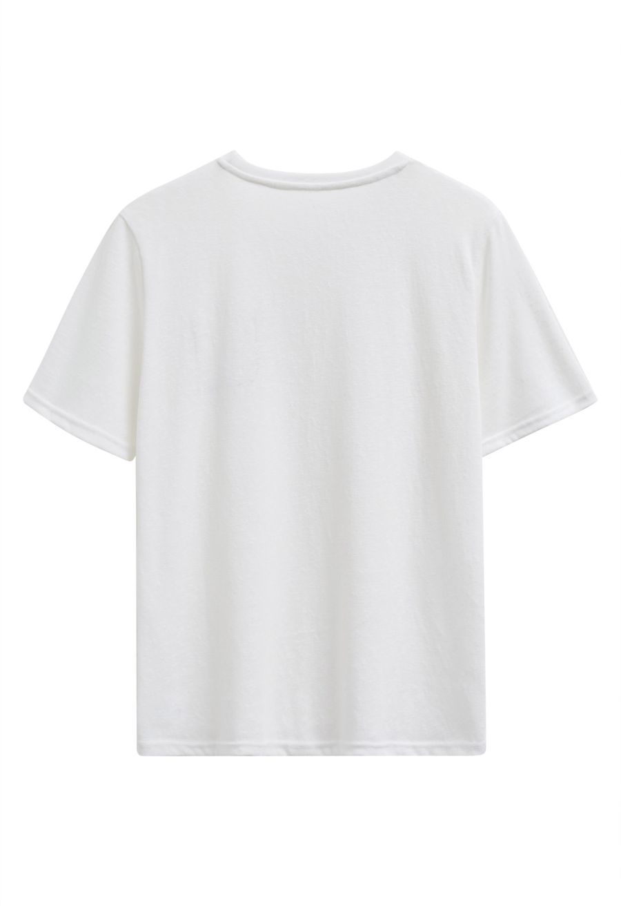 Fake Embroidered Pocket Crew Neck T-Shirt in Ivory