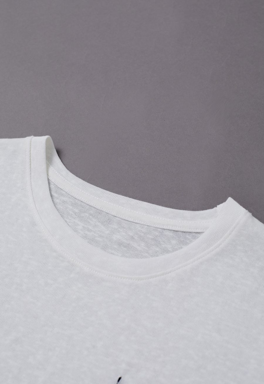 Fake Embroidered Pocket Crew Neck T-Shirt in Ivory