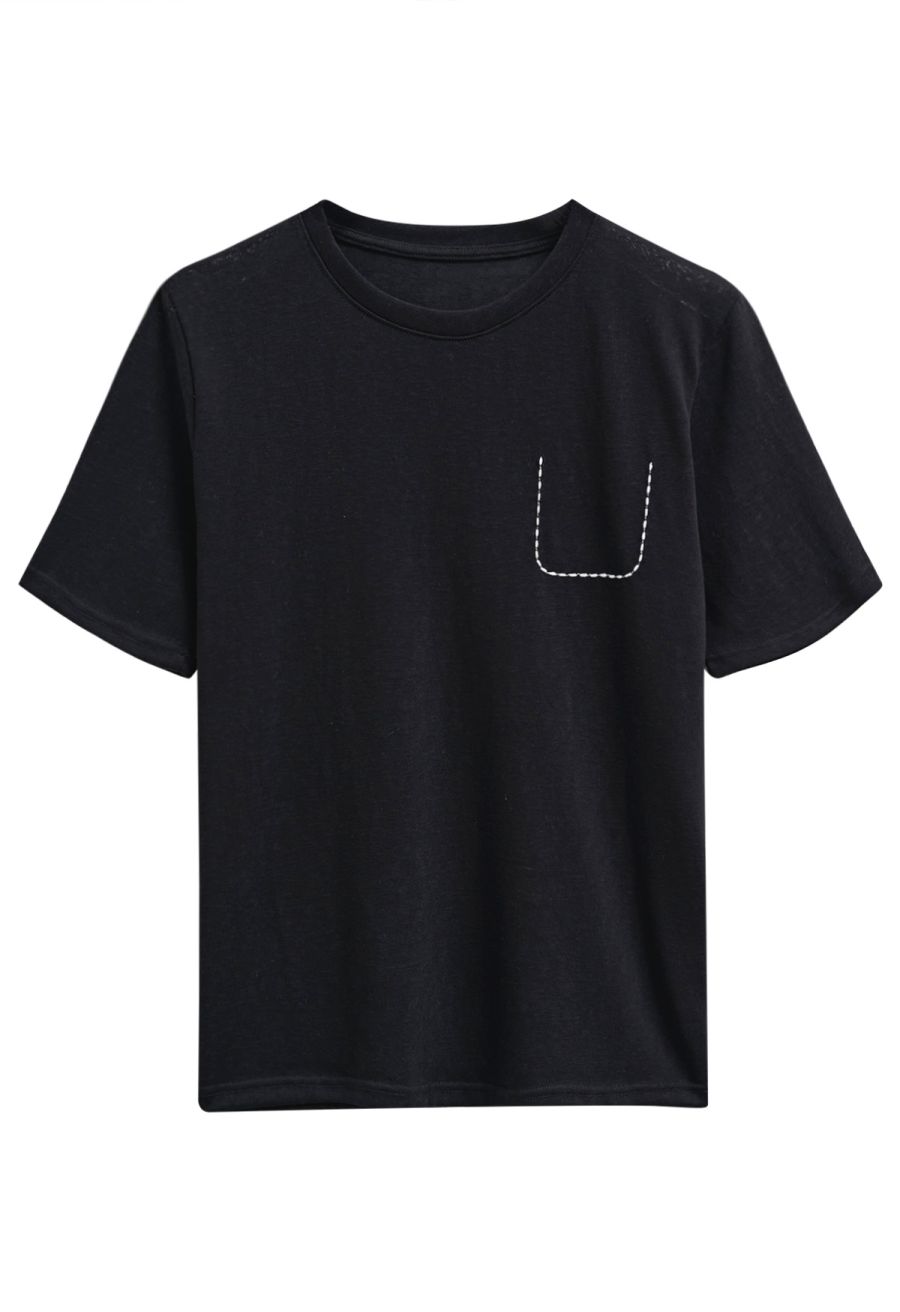 Fake Embroidered Pocket Crew Neck T-Shirt in Black