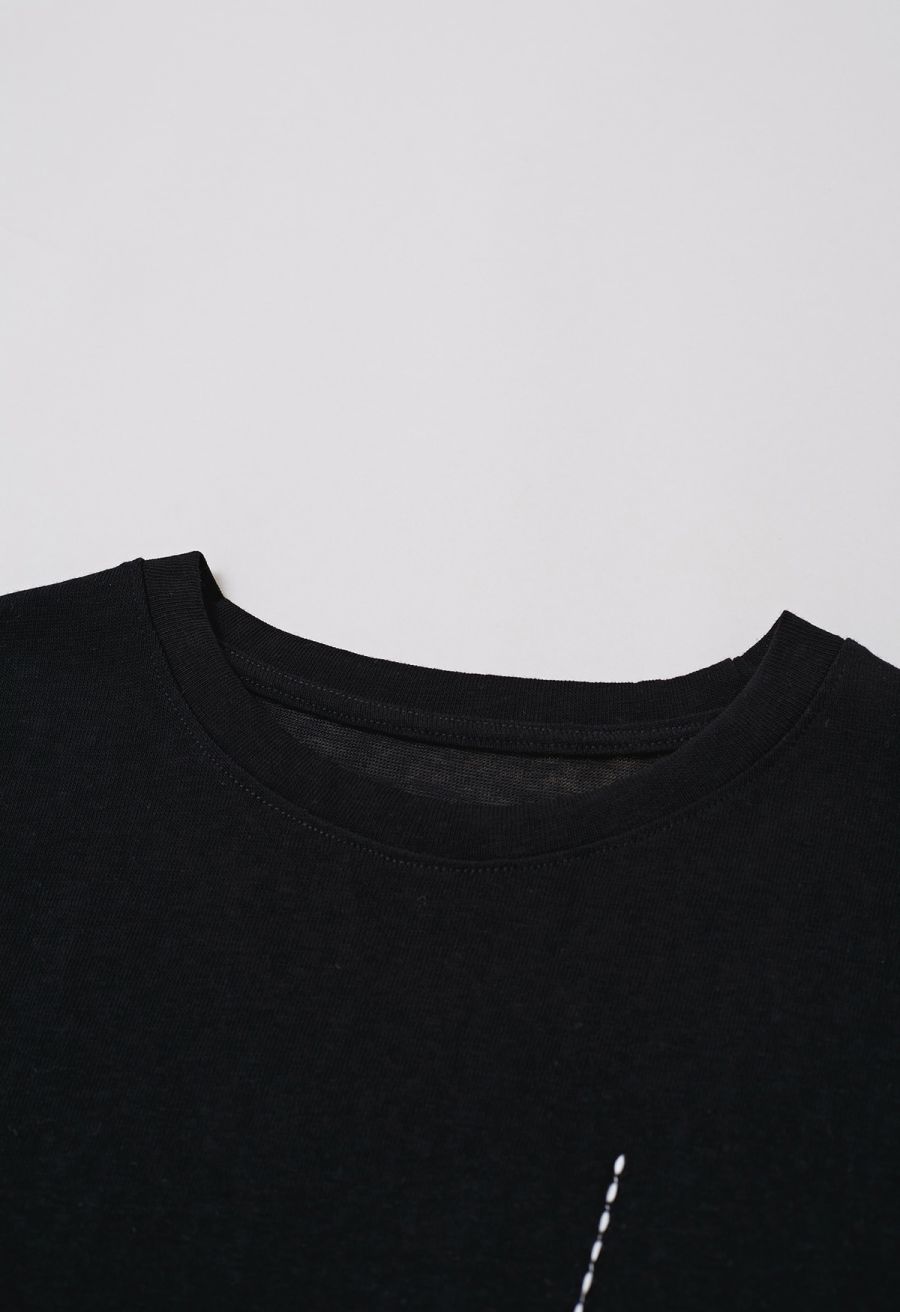 Fake Embroidered Pocket Crew Neck T-Shirt in Black