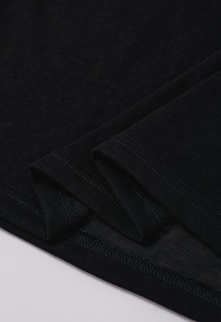 Fake Embroidered Pocket Crew Neck T-Shirt in Black