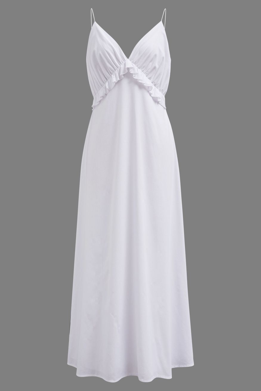 Deep V-Neck Ruffle Cotton Cami Maxi Dress