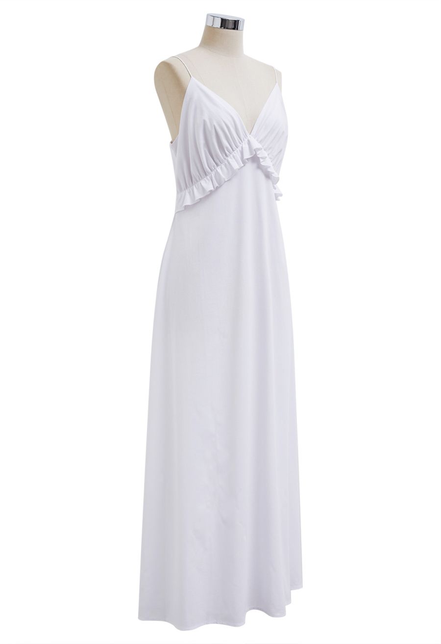 Deep V-Neck Ruffle Cotton Cami Maxi Dress