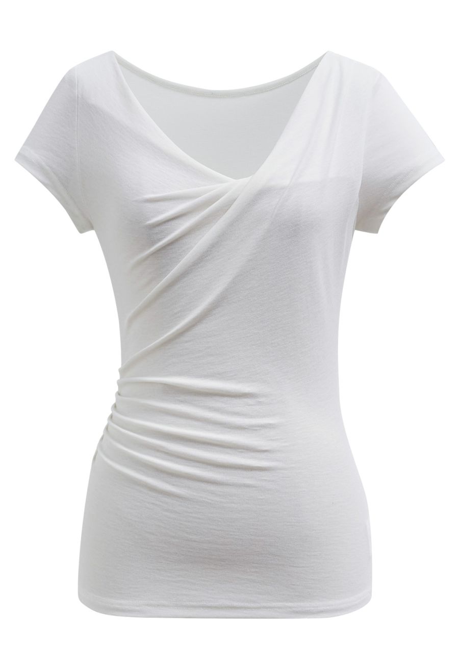 Free-Style Neckline Short Sleeve Ruched Top in White