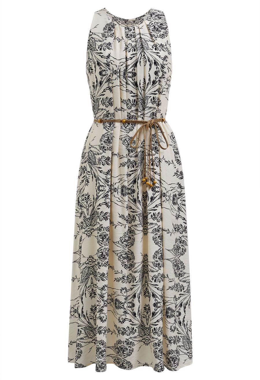 Inky Floral Printed Cutout Back Belted Dress