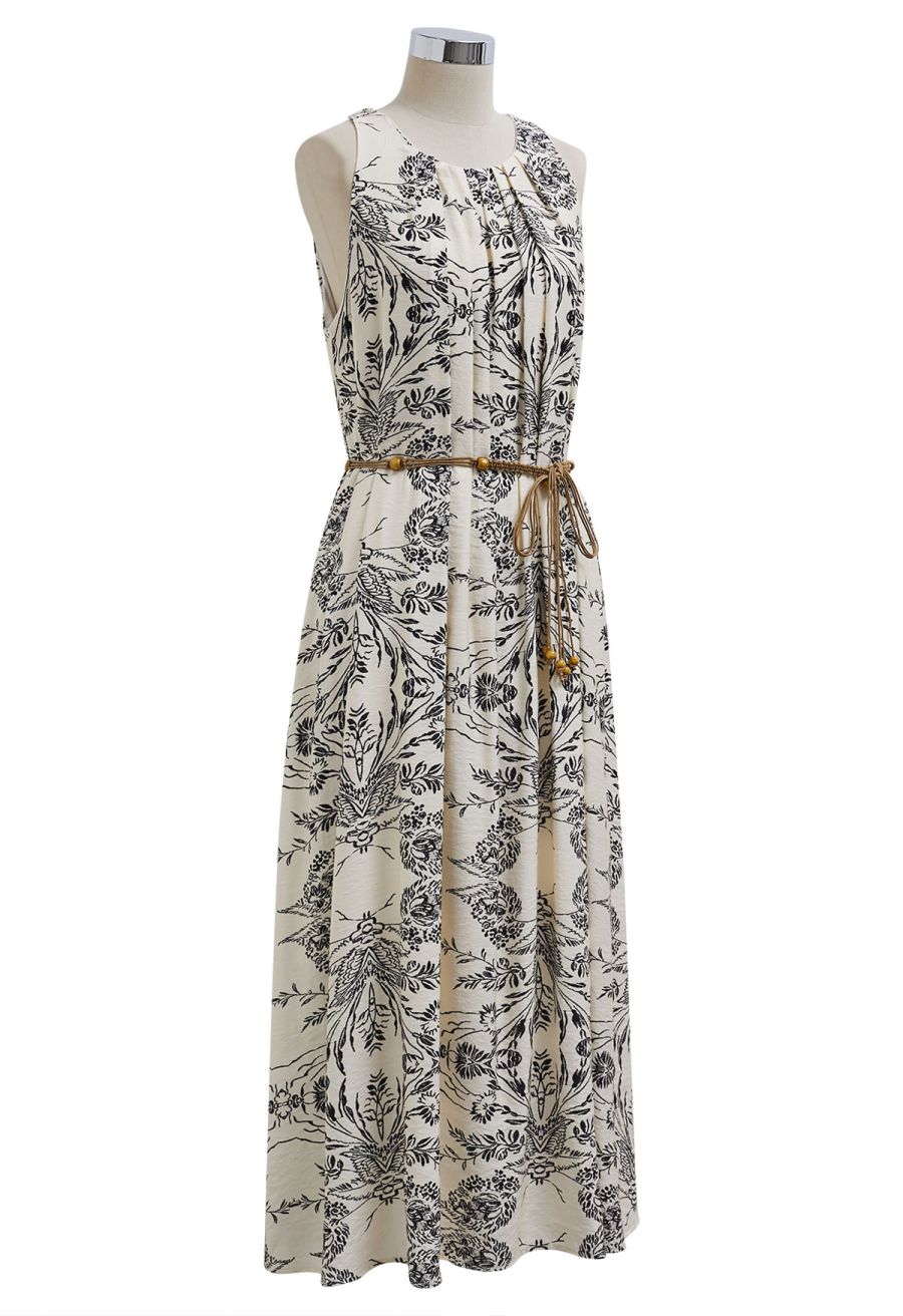 Inky Floral Printed Cutout Back Belted Dress