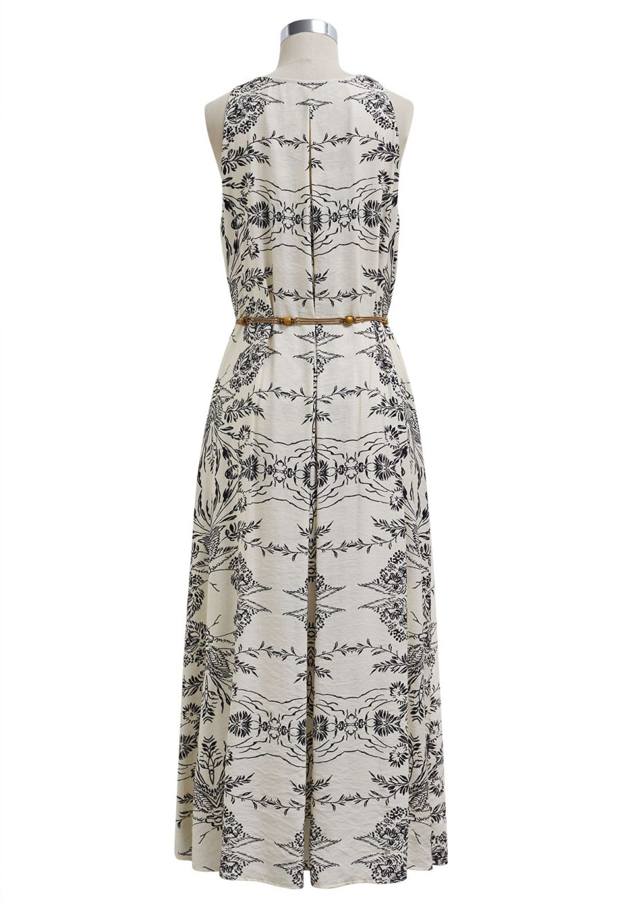 Inky Floral Printed Cutout Back Belted Dress