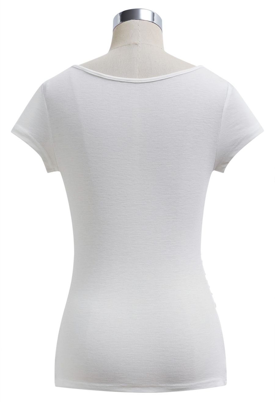 Free-Style Neckline Short Sleeve Ruched Top in White