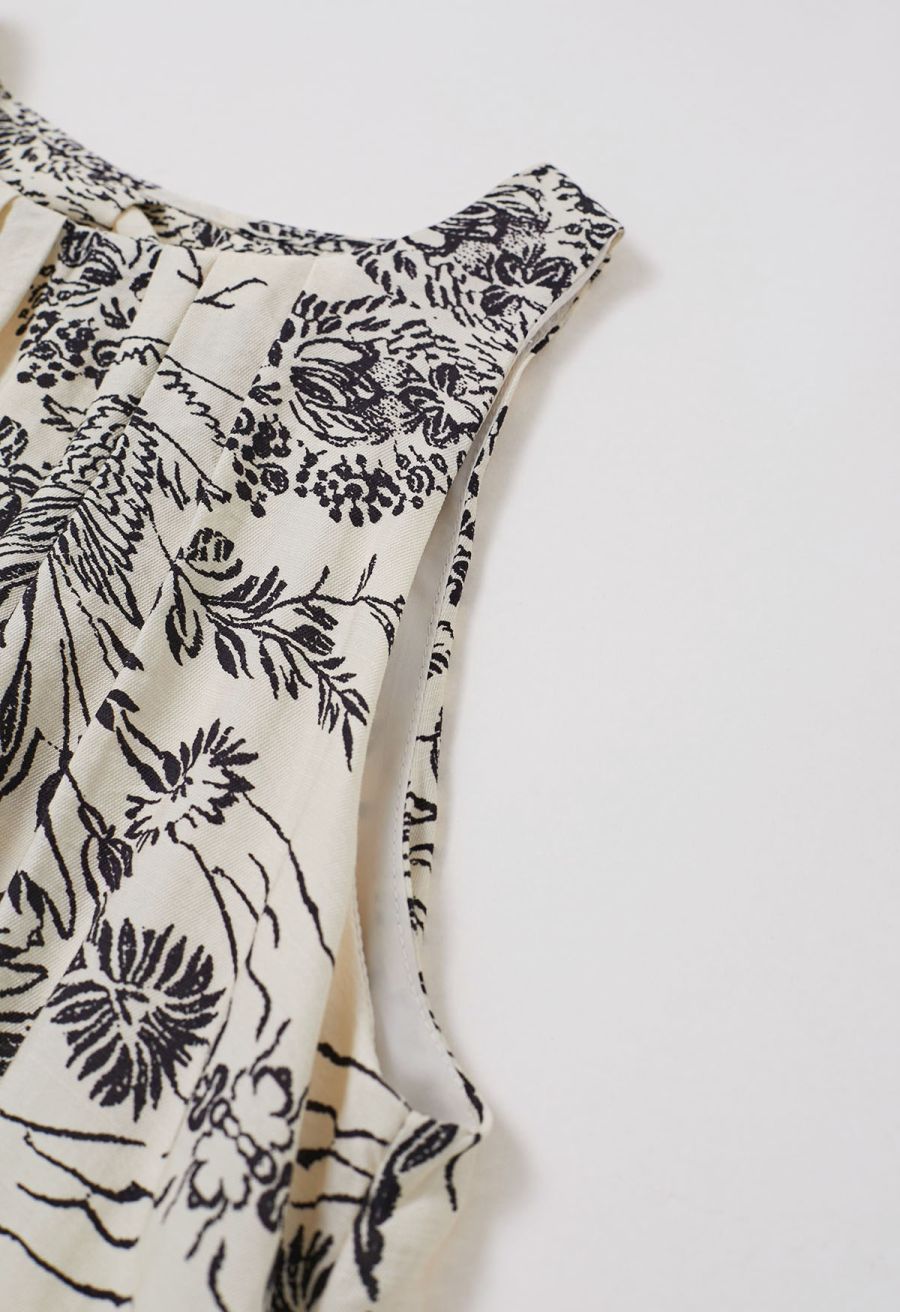 Inky Floral Printed Cutout Back Belted Dress