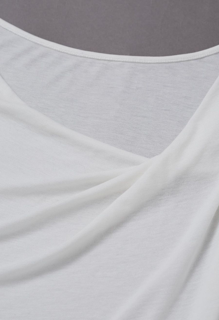 Free-Style Neckline Short Sleeve Ruched Top in White
