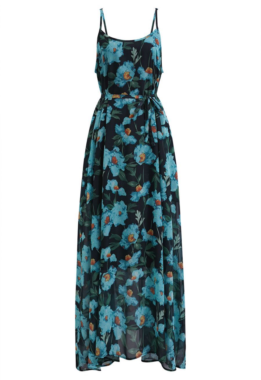 Painting Floral Side Pocket Chiffon Cami Dress