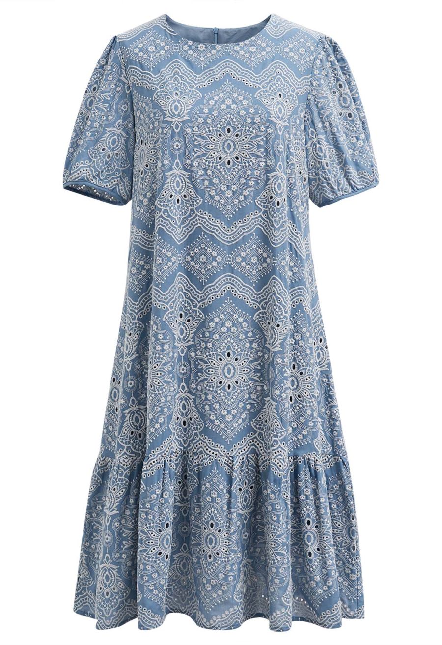 Blue Exotic Tile Embroidered Dolly Midi Dress
