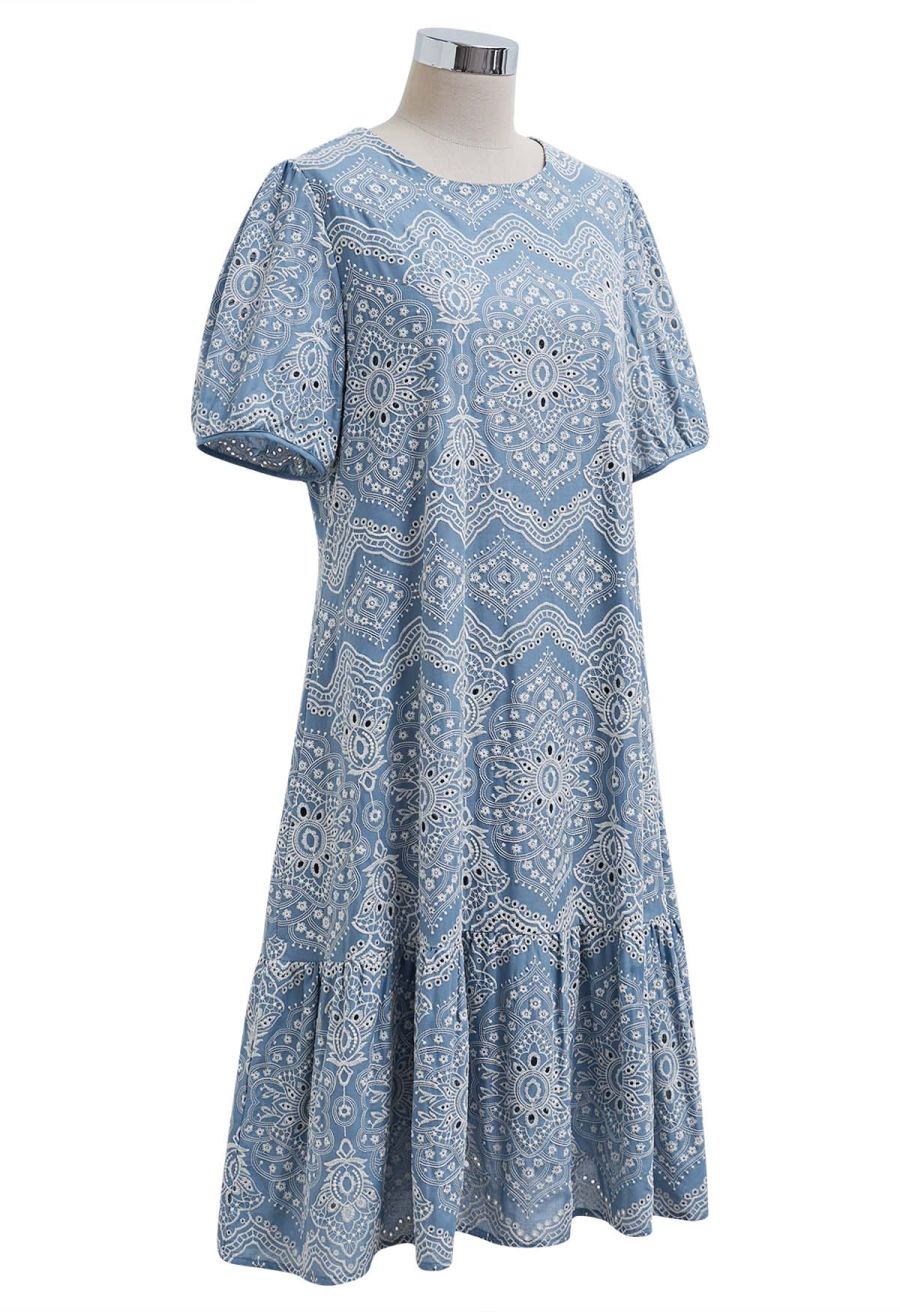 Blue Exotic Tile Embroidered Dolly Midi Dress