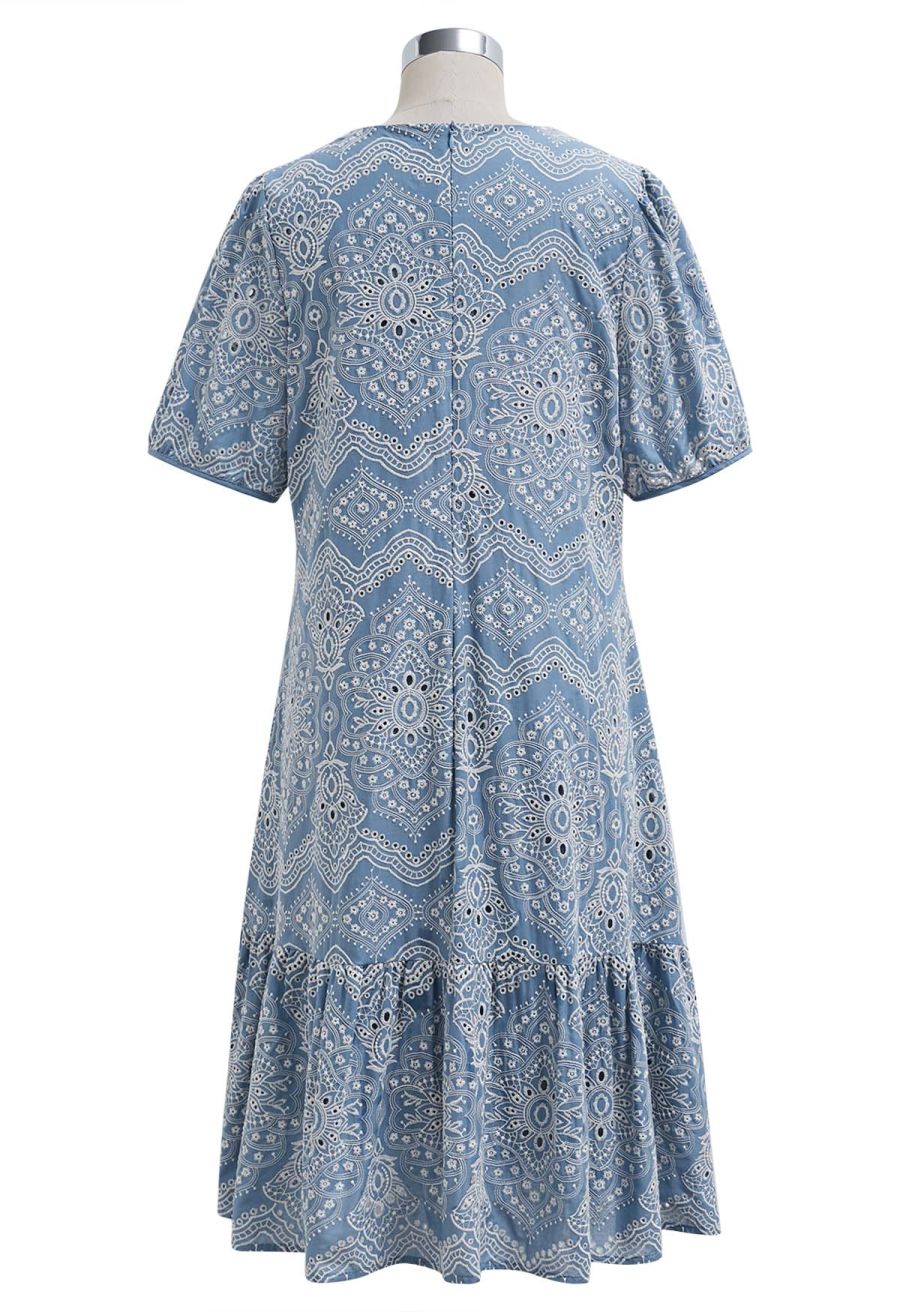 Blue Exotic Tile Embroidered Dolly Midi Dress
