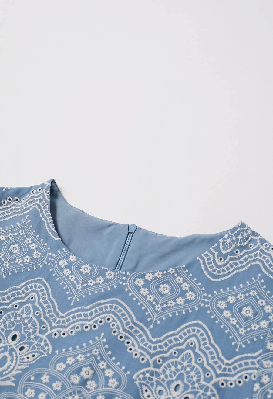 Blue Exotic Tile Embroidered Dolly Midi Dress