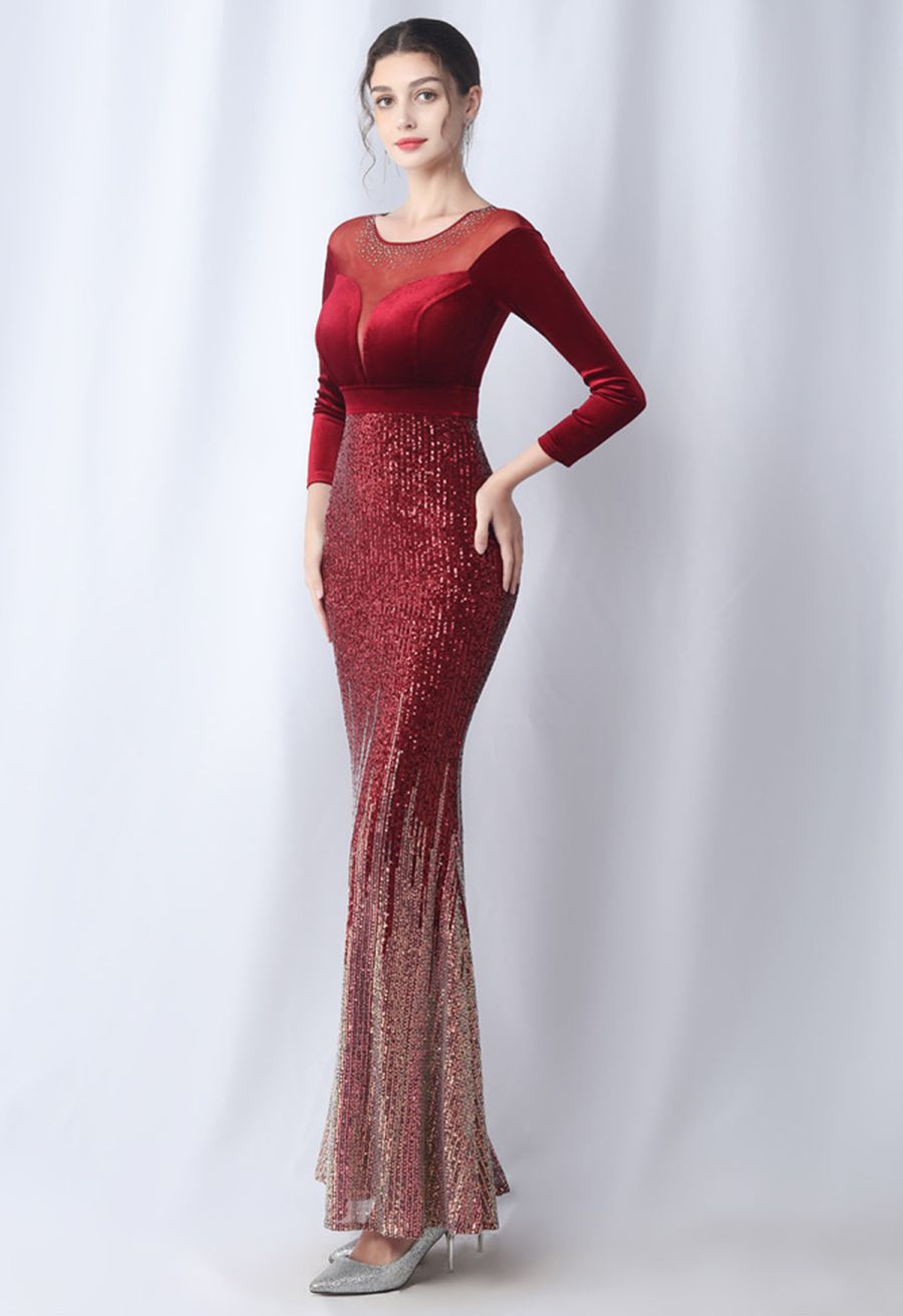 Ombre Sequins Velvet Spliced Gown in Burgundy