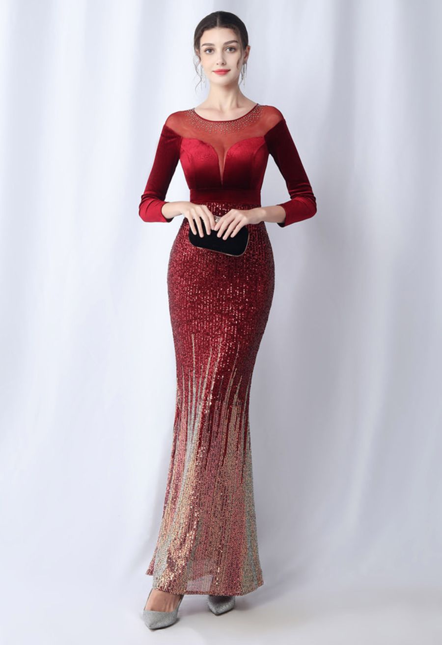 Ombre Sequins Velvet Spliced Gown in Burgundy