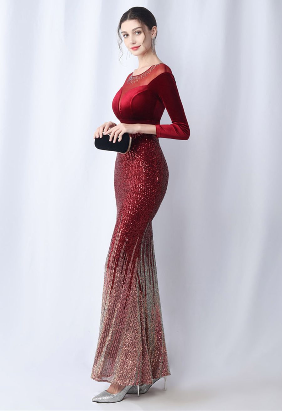 Ombre Sequins Velvet Spliced Gown in Burgundy