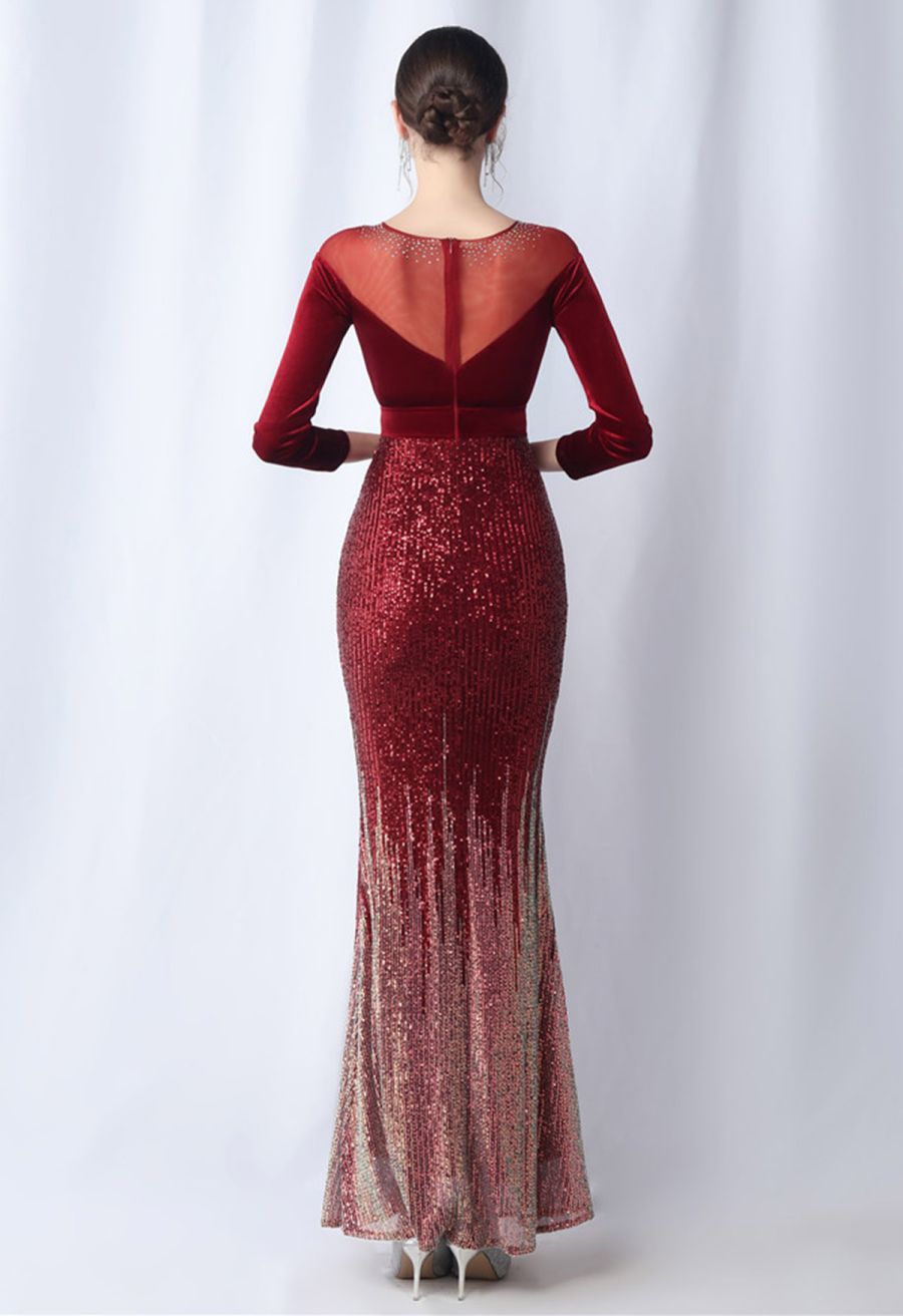 Ombre Sequins Velvet Spliced Gown in Burgundy