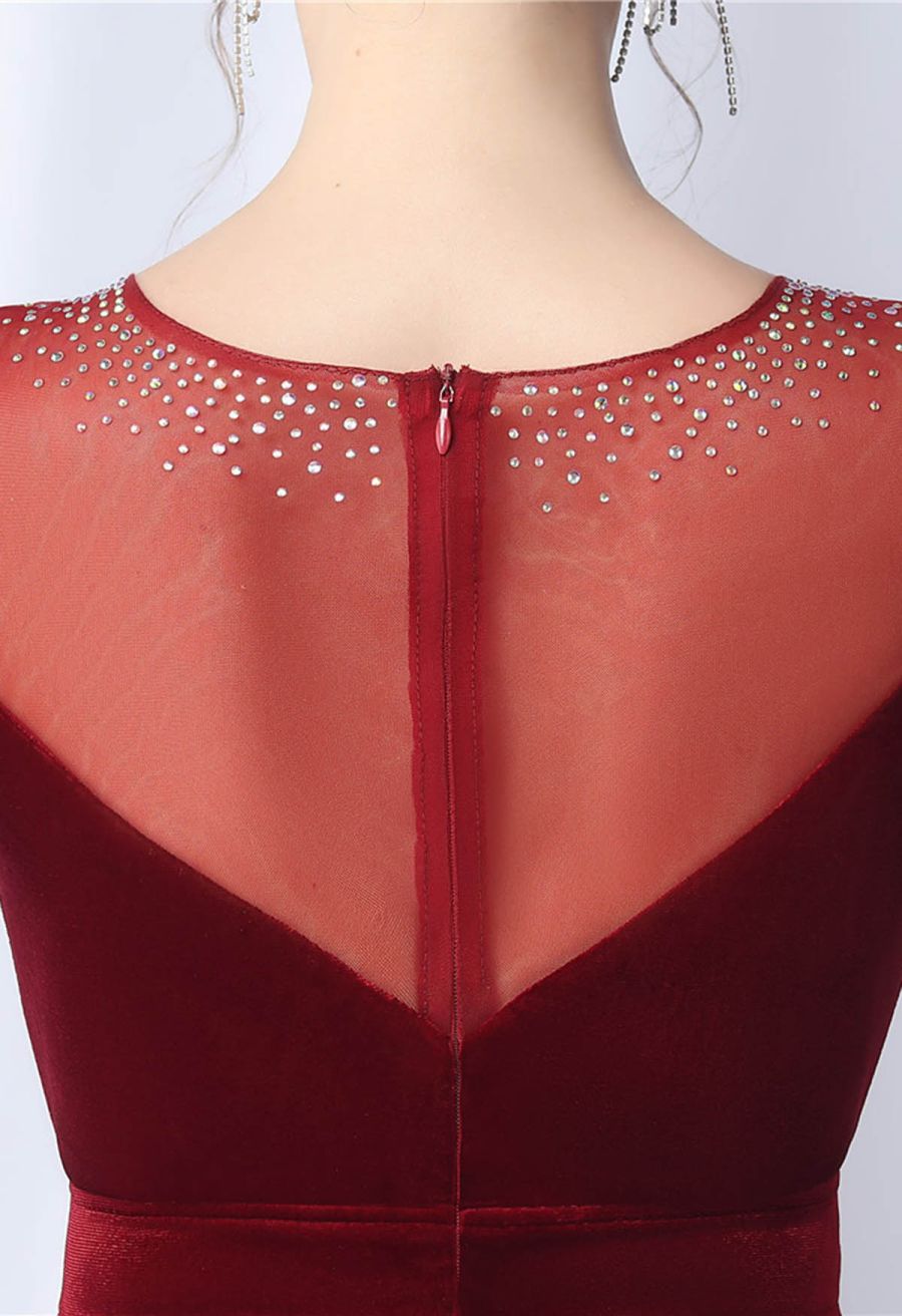 Ombre Sequins Velvet Spliced Gown in Burgundy