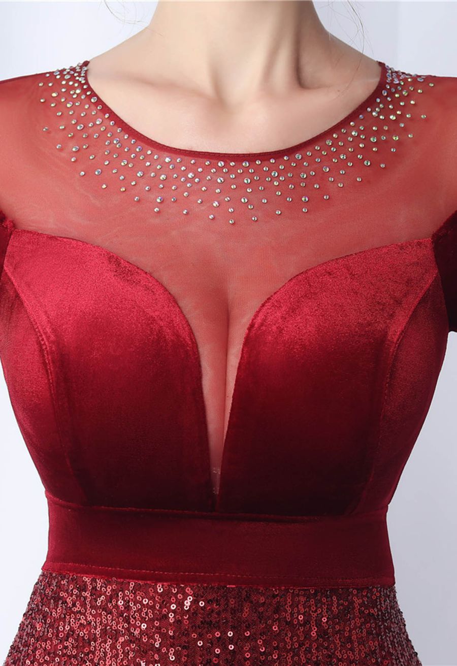Ombre Sequins Velvet Spliced Gown in Burgundy
