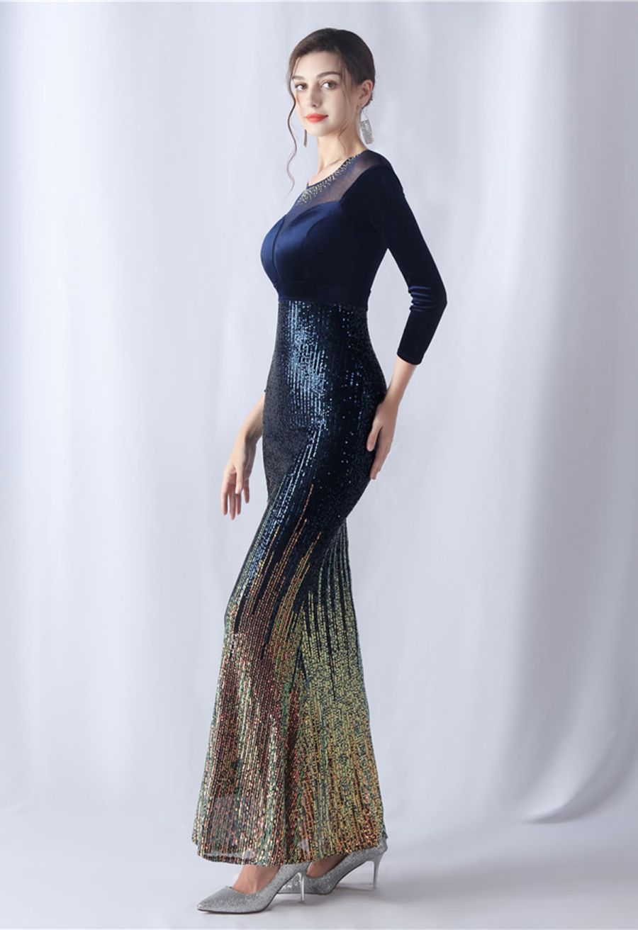 Ombre Sequins Velvet Spliced Gown in Navy