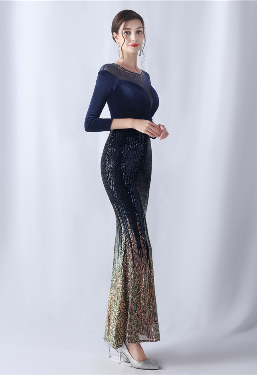 Ombre Sequins Velvet Spliced Gown in Navy