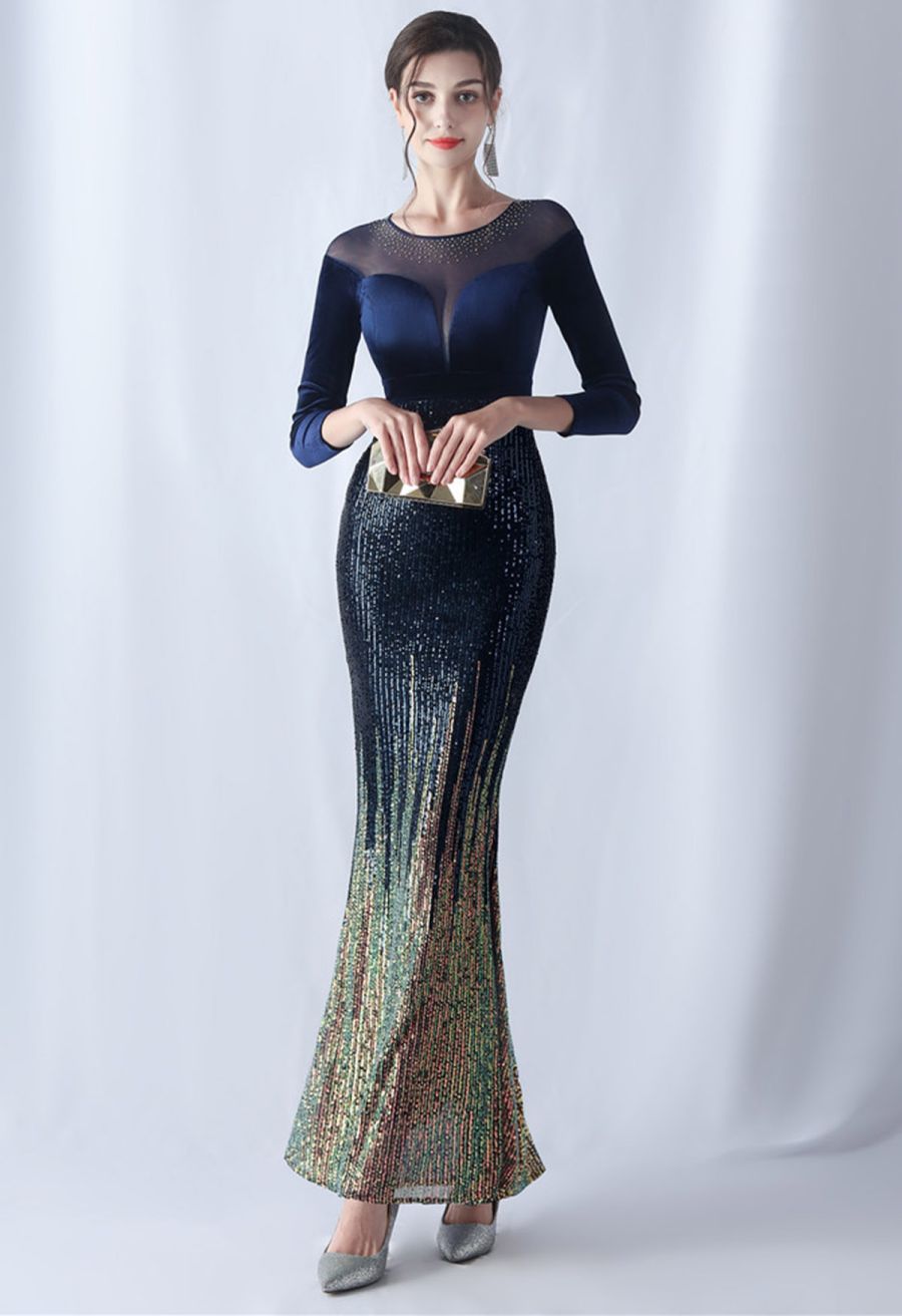 Ombre Sequins Velvet Spliced Gown in Navy