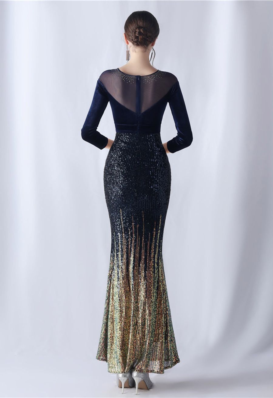 Ombre Sequins Velvet Spliced Gown in Navy