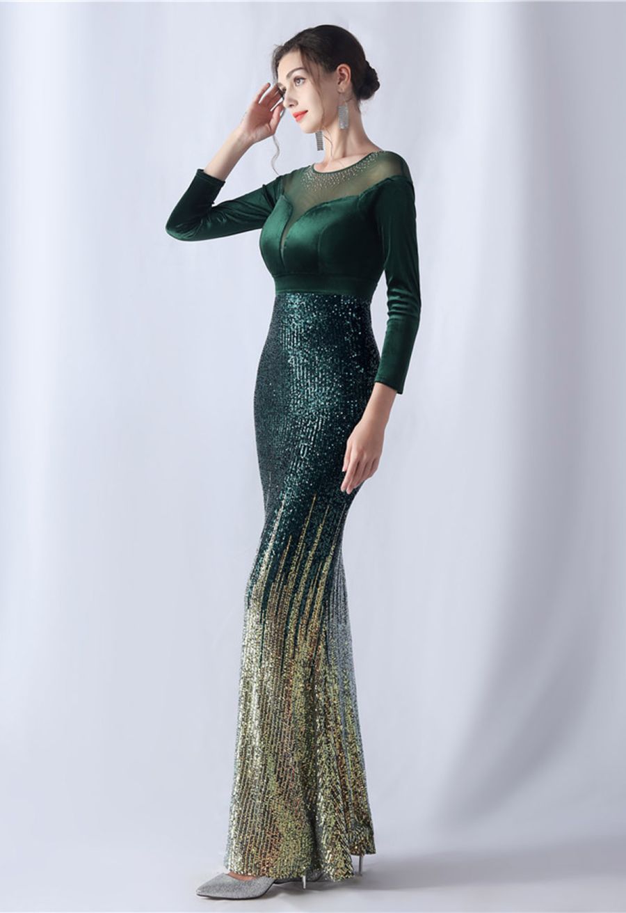 Ombre Sequins Velvet Spliced Gown in Emerald