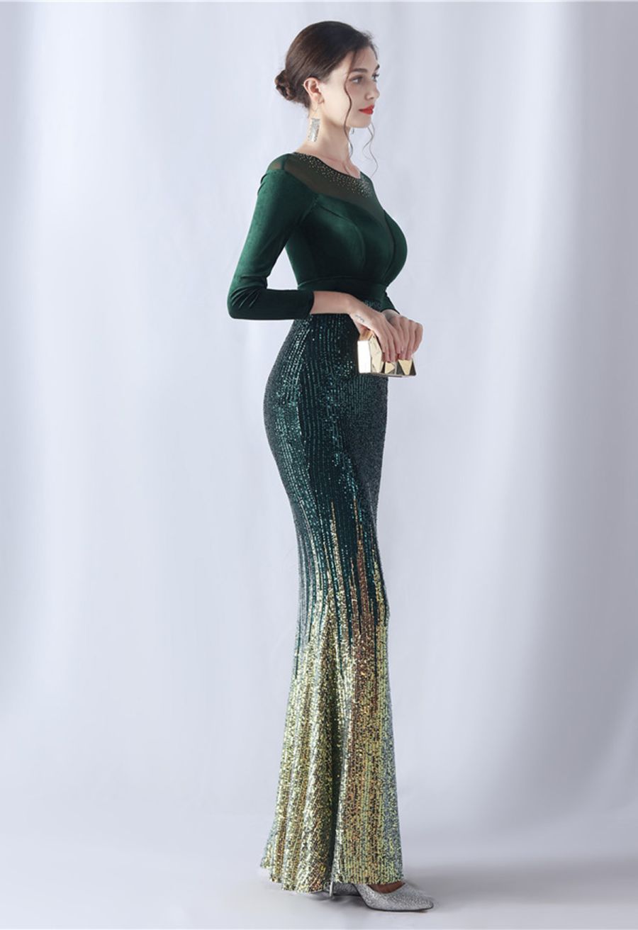 Ombre Sequins Velvet Spliced Gown in Emerald