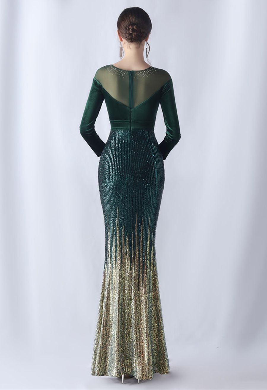 Ombre Sequins Velvet Spliced Gown in Emerald