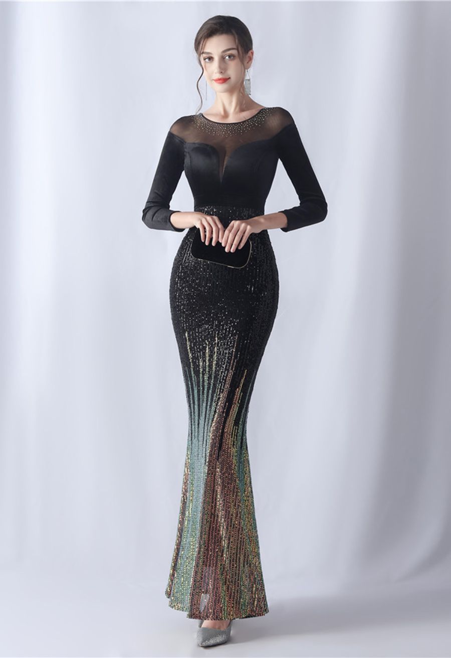 Ombre Sequins Velvet Spliced Gown in Black