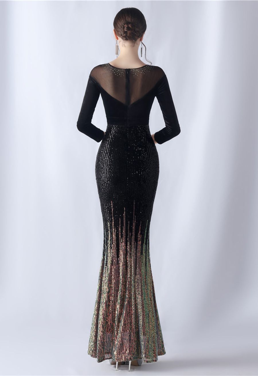 Ombre Sequins Velvet Spliced Gown in Black