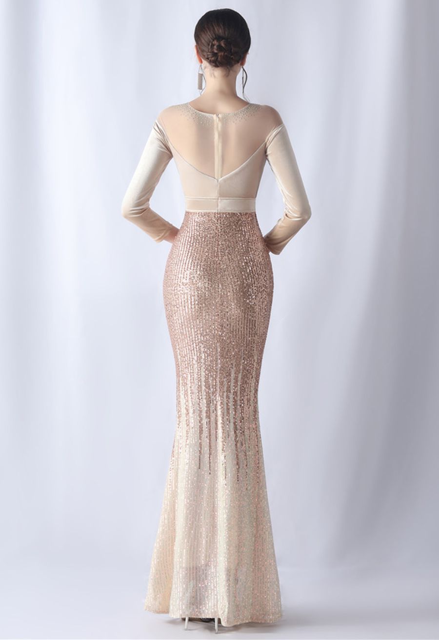 Ombre Sequins Velvet Spliced Gown in Champagne