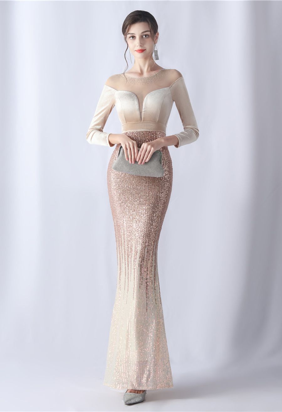 Ombre Sequins Velvet Spliced Gown in Champagne
