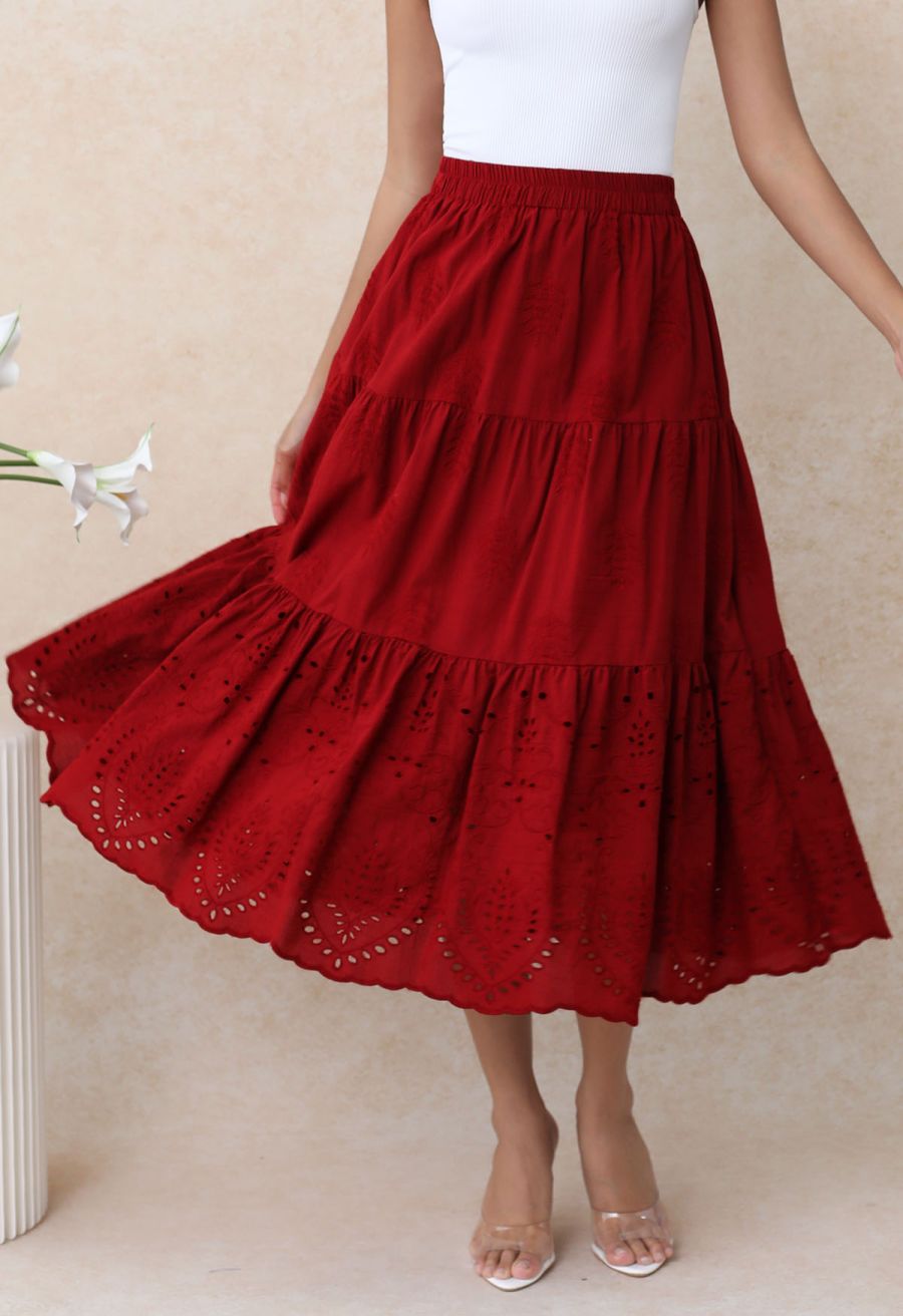 Floral Vine Embroidered Tiered Cotton Skirt in Red