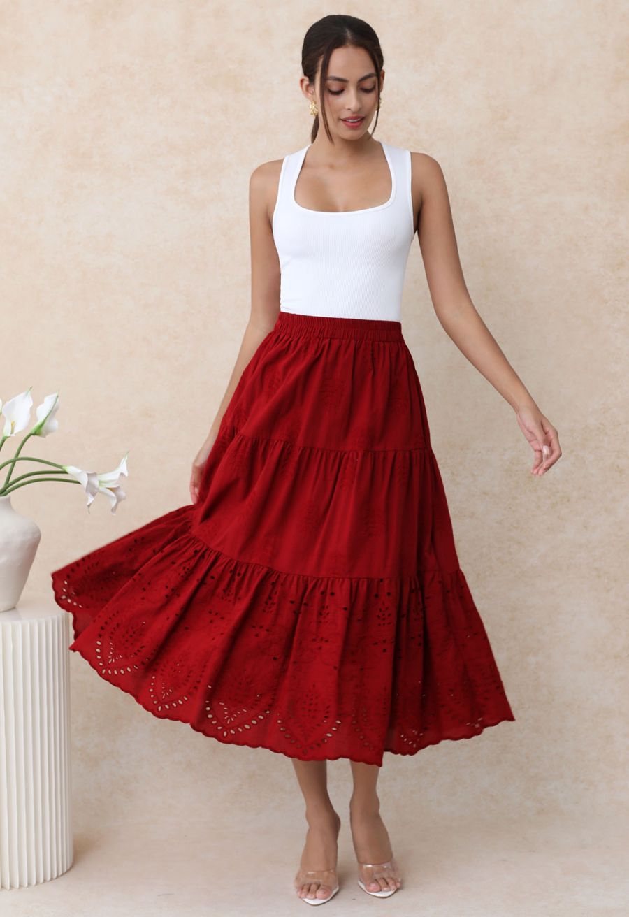 Floral Vine Embroidered Tiered Cotton Skirt in Red