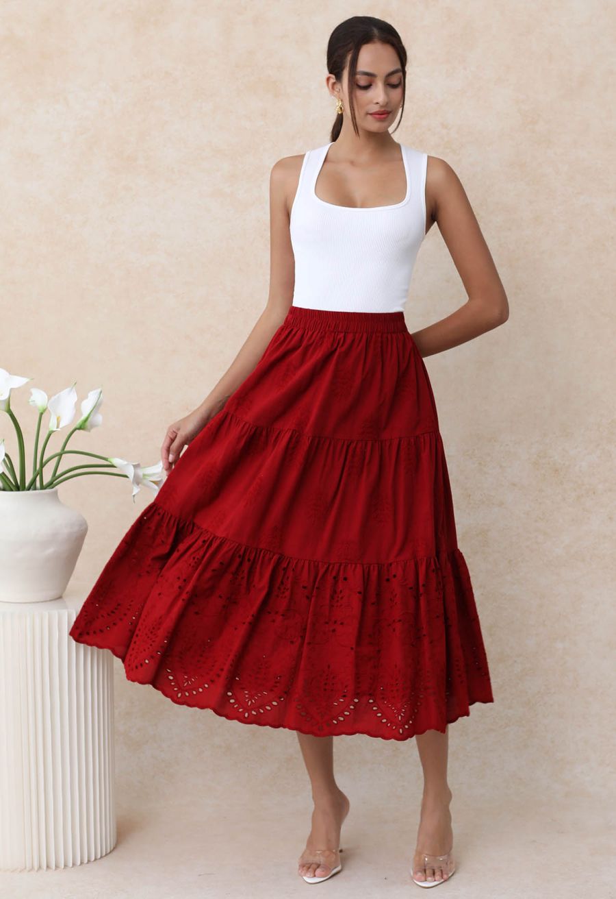 Floral Vine Embroidered Tiered Cotton Skirt in Red