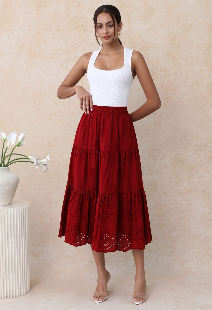 Floral Vine Embroidered Tiered Cotton Skirt in Red